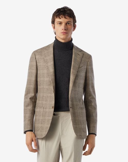 Brown pied de poule 2-button wool and cashmere jacket 