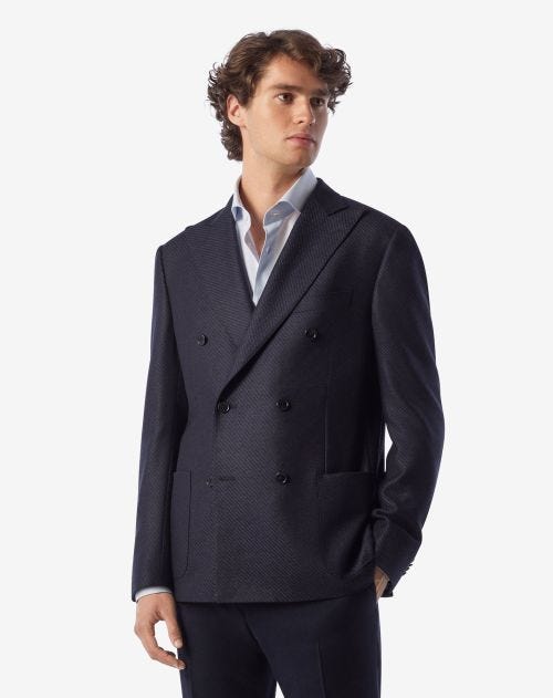 Blue 6-button wool and silk jacket with pattern