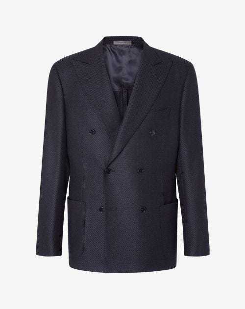 Blue 6-button wool and silk jacket with pattern