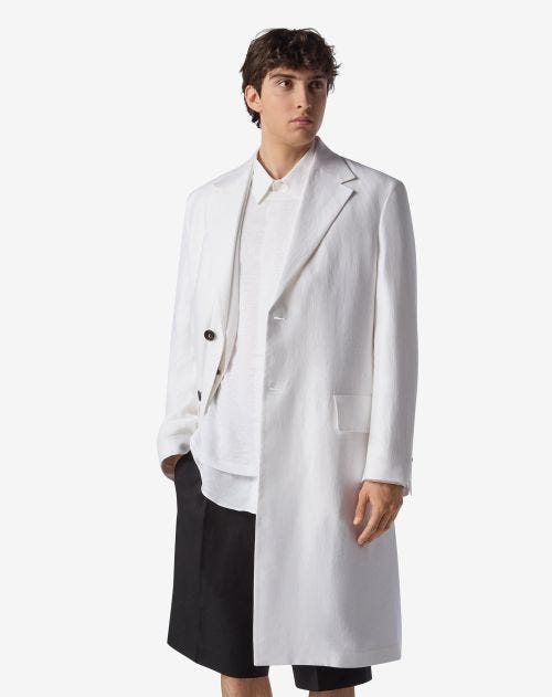 Optical white twill linen duster coat