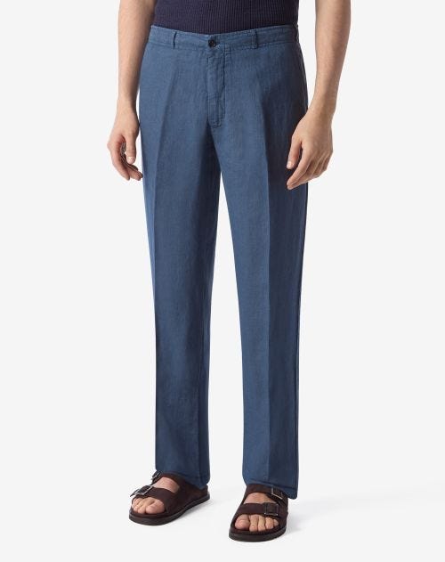Blue garment-dyed linen trousers