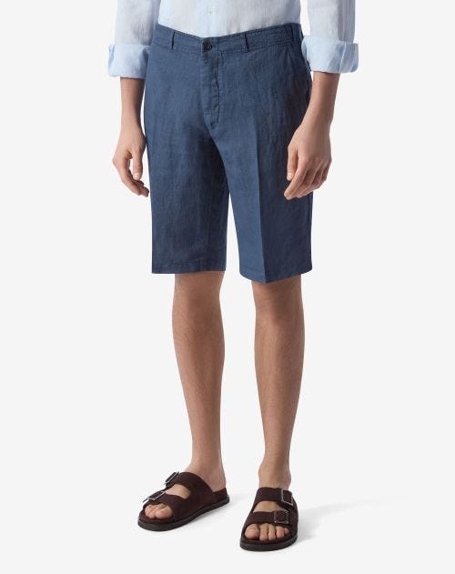 Blue garment-dyed linen Bermuda shorts