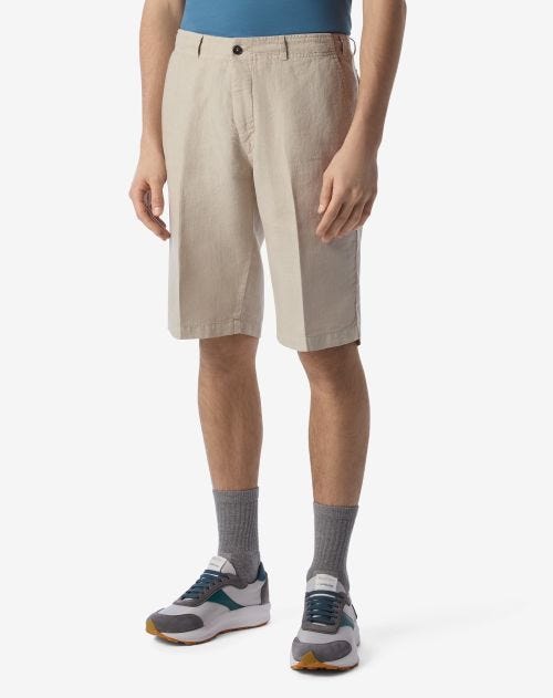 Beige garment-dyed linen Bermuda shorts