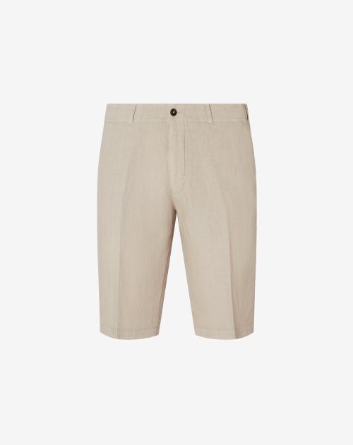 Beige garment-dyed linen Bermuda shorts