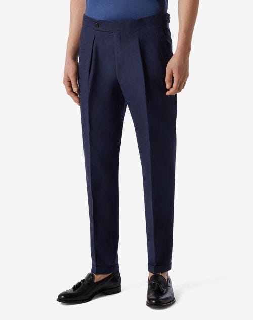 Blue 2-pleated wool and linen trousers