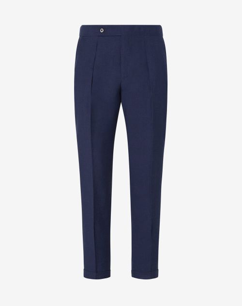 Pantaloni blu con 2 pince in lana e lino