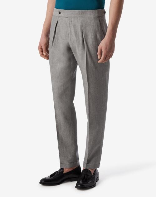 Grey 2-pleated wool and linen trousers