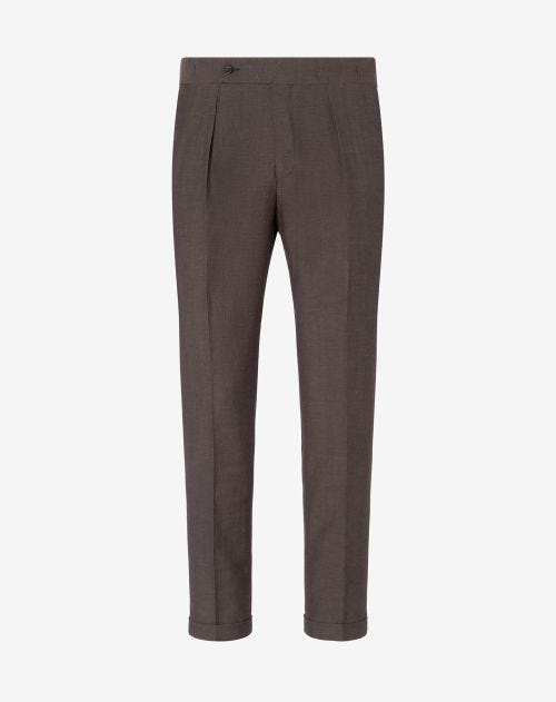Brown 2-pleated wool and linen trousers