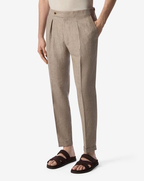Beige 2-pleated wool and linen trousers