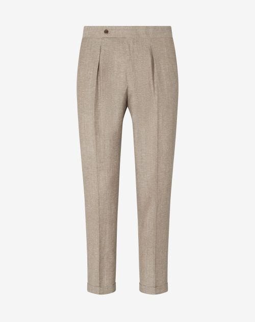 Beige 2-pleated wool and linen trousers