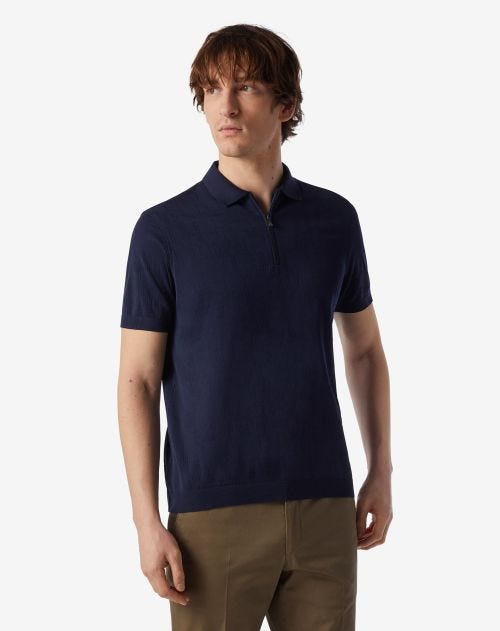 Navy blue zip-up jacquard cotton polo shirt