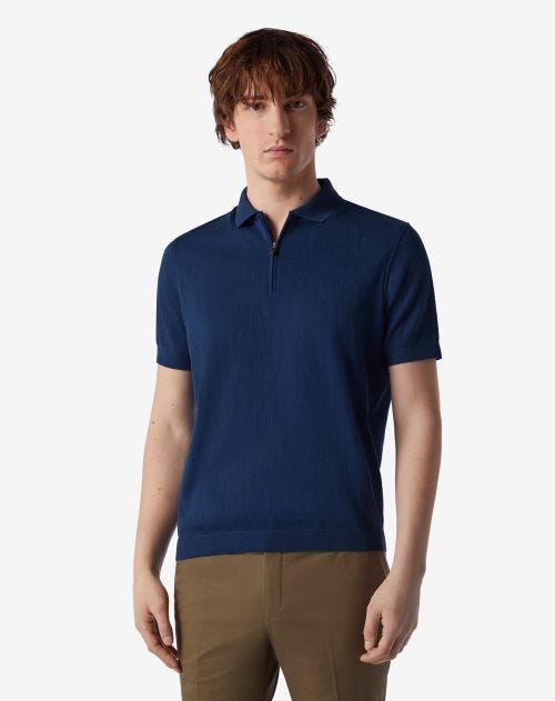 Light blue zip-up jacquard cotton polo shirt