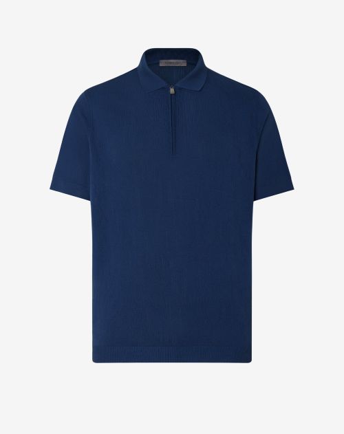 Light blue zip-up jacquard cotton polo shirt