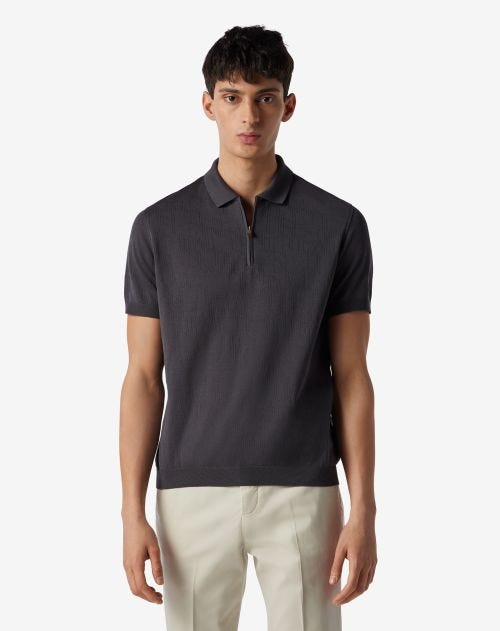 Grey zip-up jacquard cotton polo shirt