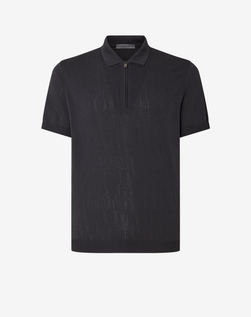 Grey zip-up jacquard cotton polo shirt