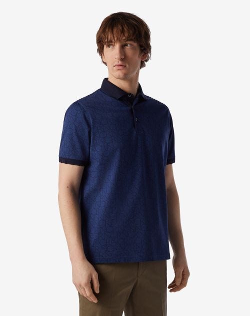 Blue button-up jacquard cotton polo shirt with logo