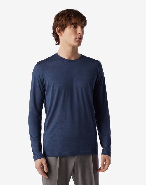 Lichtblauw T-shirt met ronde hals van zijde en katoen