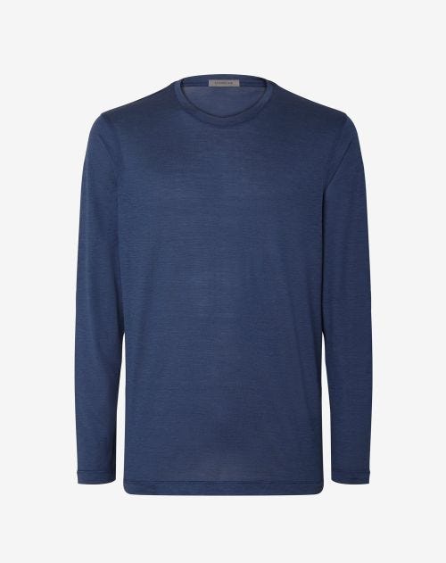 T-shirt girocollo blu chiaro in seta e cotone