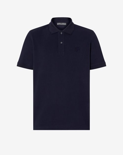 Navy blue short-sleeved cotton pique polo shirt