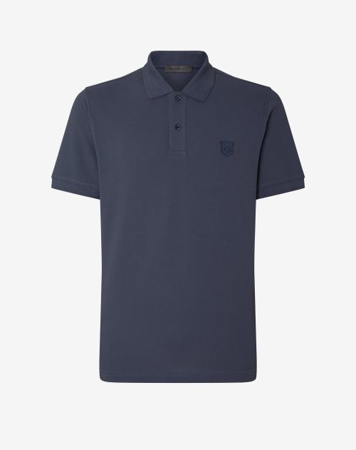 Mid-blue short-sleeved cotton pique polo shirt