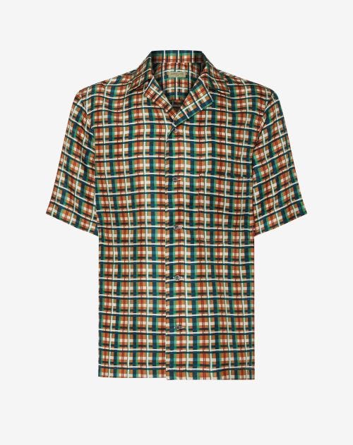 Oranje/groen ruitenoverhemd van zuivere zijde