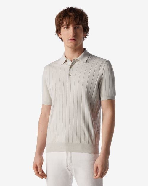 Pearl white button-up Pima cotton polo shirt