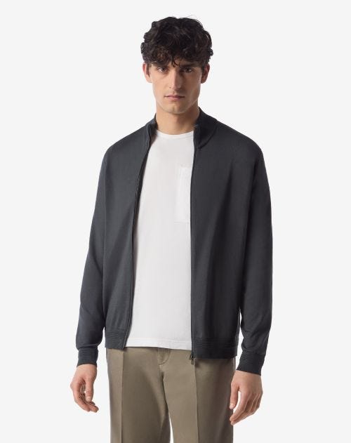 Smoke grey full zip Pima cotton sweater