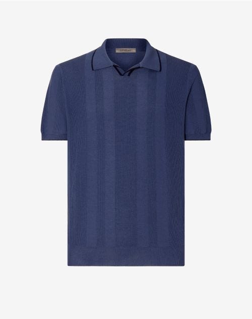 Light blue buttonless cotton crepe polo shirt