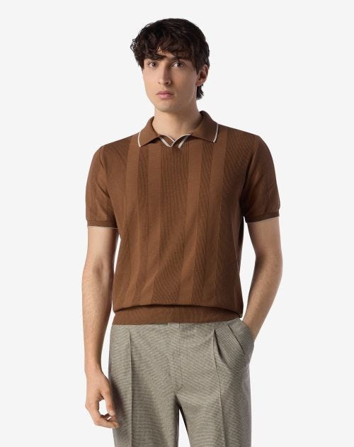 Burnt-colored buttonless cotton crepe polo shirt