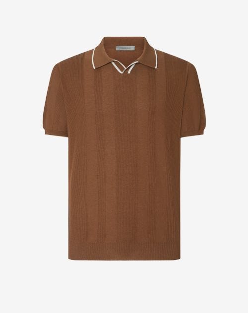 Burnt-colored buttonless cotton crepe polo shirt