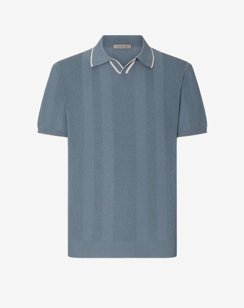 Mid-blue buttonless cotton crepe polo shirt