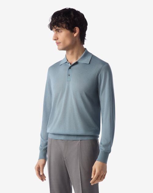 Light blue long sleeve cashmere and silk polo shirt
