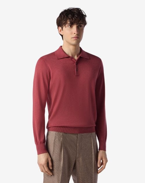 Coral long sleeve cashmere and silk polo shirt