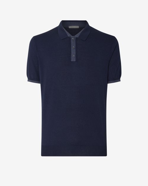 Blue button-up silk and organic cotton polo shirt