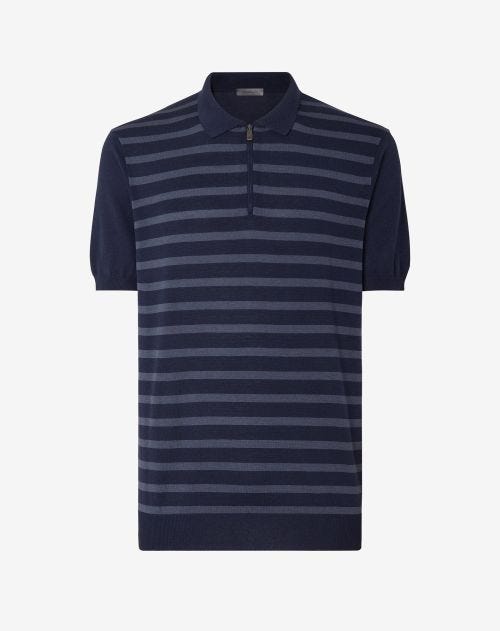 Blue silk and organic cotton polo shirt with stripes
