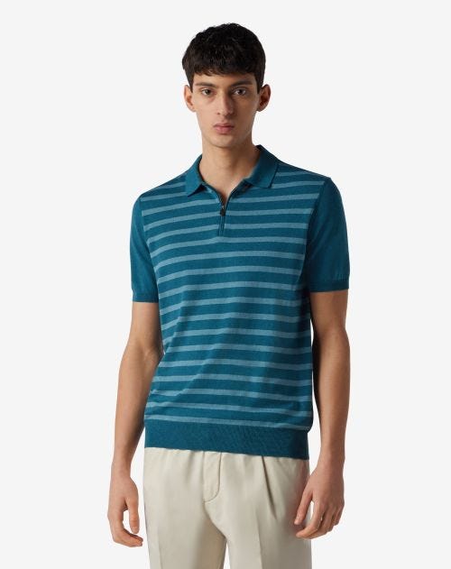 Teal silk and organic cotton polo shirt with stripes