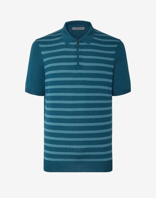 Teal silk and organic cotton polo shirt with stripes