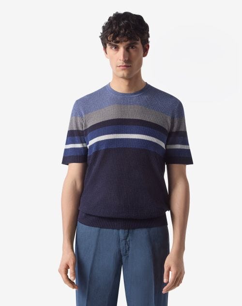 Blue striped silk and linen crew neck t-shirt