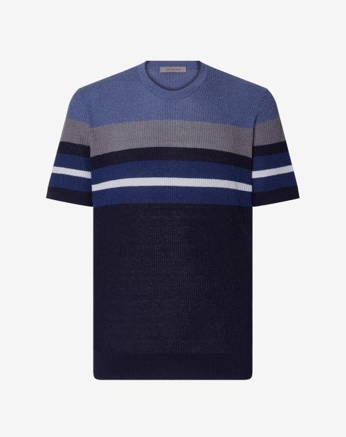 Blue striped silk and linen crew neck t-shirt