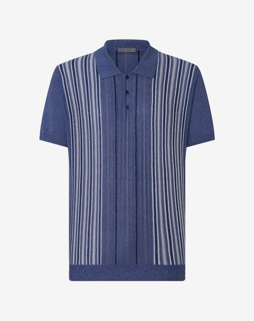 Blue striped silk and linen polo shirt with buttons 