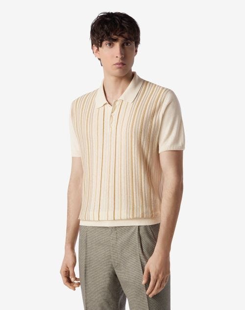 Natural striped silk and linen polo shirt with buttons