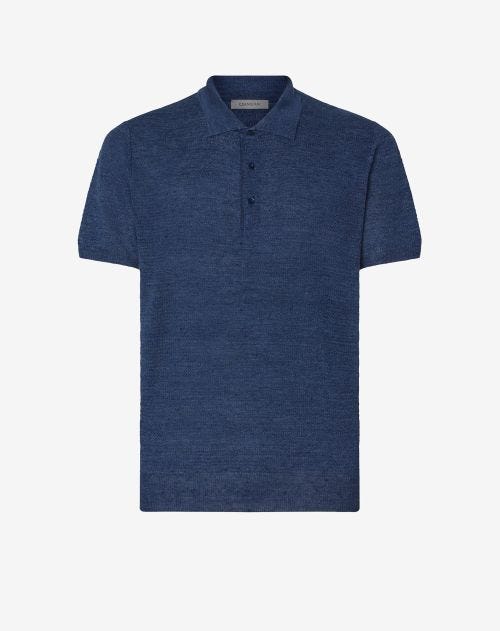 Denim blue linen and silk polo shirt with buttons