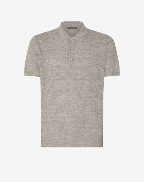 Melange grey linen and silk polo shirt with buttons