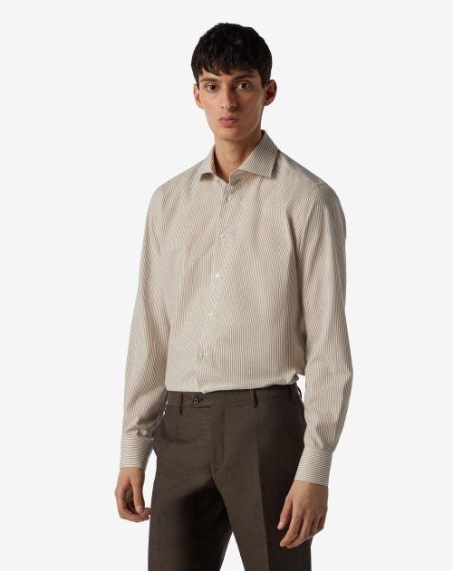 White cotton and silk shirt with brown stripes