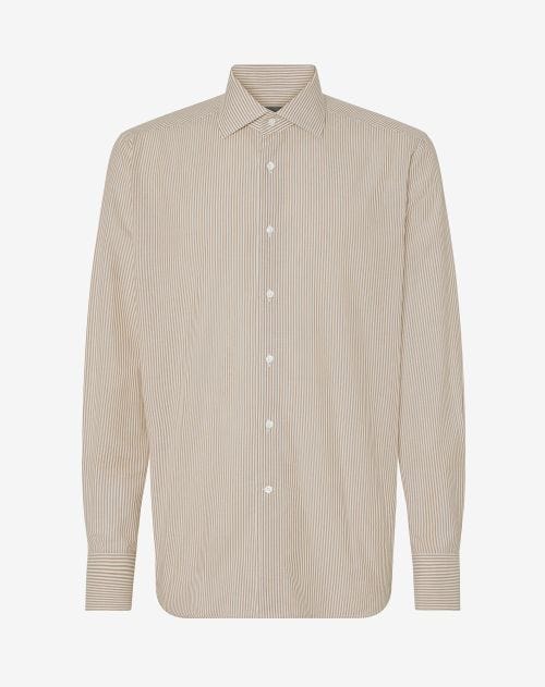 White cotton and silk shirt with brown stripes