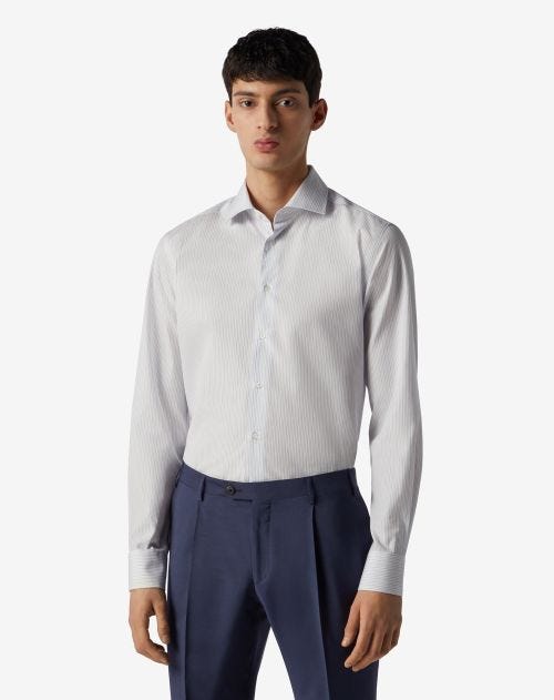 White cotton shirt with light blue micro stripes