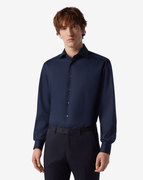 Camicia blu navy in twill di cotone antipiega