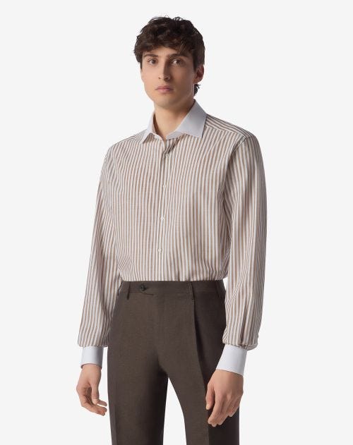 White cotton shirt with brown stripes
