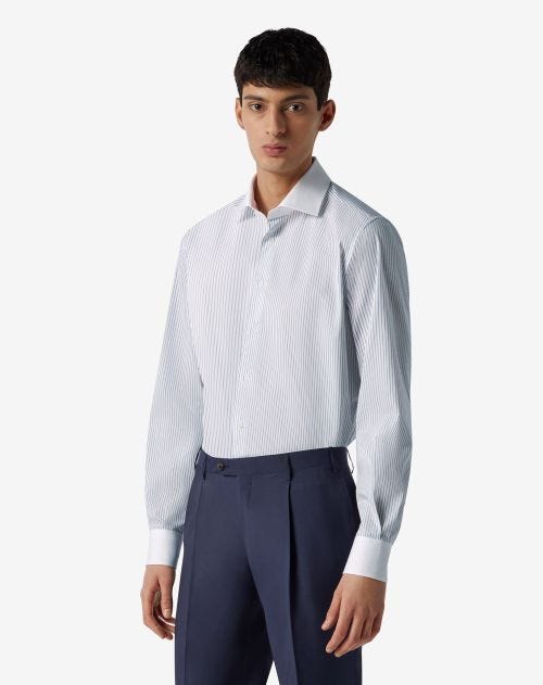 Camicia bianca a righe azzurre in cotone antipiega