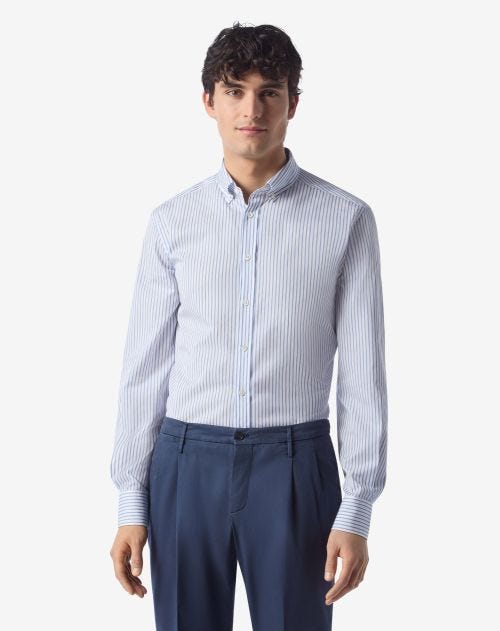 Chemise blanc rayures bleu clair coton